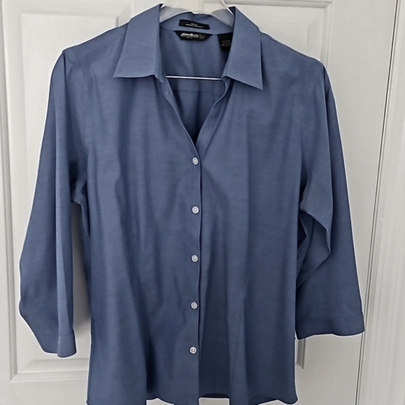 EDDIE BAUER Blouse Buttondown 3/4 Length Sleeves Wrinkle Resistent Blue … - Picture 2 of 11